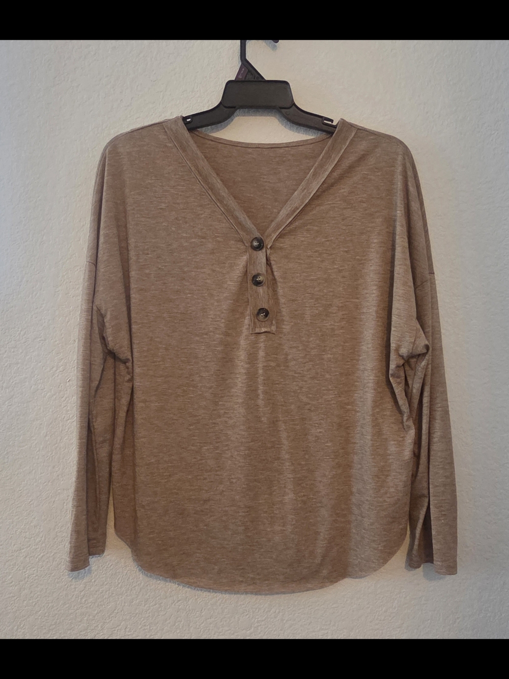 SHEIN Taupe Long Sleeve Button Henley Top